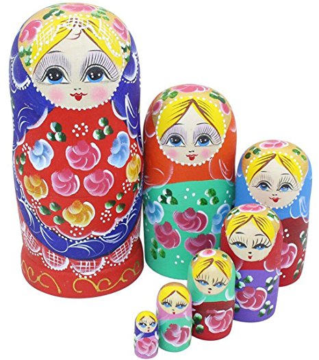 Winterworm Set of 7 Pieces Cutie Beautiful Lovely Wood Wooden Red Flower Girl With Blue Scarf Russian Nesting Dolls Matryoshka Wishing Dolls Toy Holiday Birthday Christmas Gift Home Room Decoration