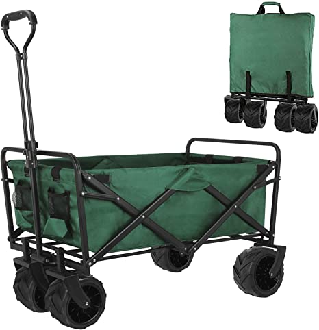 femor Folding Collapsible Outdoor Utility Wagon Cart, Heavy Duty Garden Cart with All-Terrain Wheels and Carrying Bag for Shopping, Beach, Yard (Green)