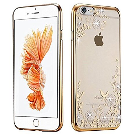 iPhone 7 Plus Case, Miniko(TM) [Secret Garden] Slim Butterfly Floral Series Electroplate Bumper Plating Clear Shiny Cover Series for iPhone 7 Plus- Rhinestone Gold/White by Miniko