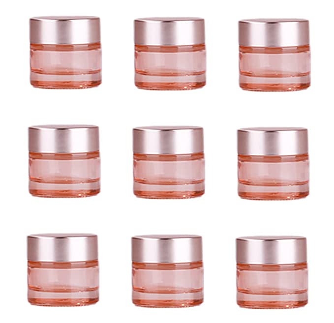 Healthcom 10 Packs 10 Gram/10ml Empty Jars Pink Glass Cosmetic Jar Pot Bottles with Rose Gold Lids Refillable Cosmetic Container Eye Cream Jar Pot Vials for Makeup Lotion Face Eyeshadow Lip Balms
