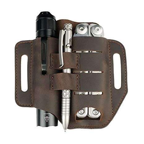 VIPERADE PJ13 EDC Leather Sheath, Knife Belt Sheath/Leather Flashlight Holster/for Leatherman Multitools Sheath, Handmade 3 Pockets Organizer Sheath for Knives/Flashlights/Tactical pens/Tools (Brown)