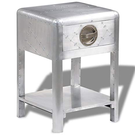 Festnight End Side Table Aluminum Bedside Nightstand with Storage Drawers and Shelf Aviator Aircraft Airman Style Living Room Home Office Furniture Silver 15.7" x 15.7" x 23.6"