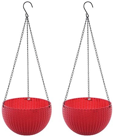 DOITOOL 2PCS Self-Watering Hanging Planter Basket for Indoor Plants Resin Planter Outdoor Hanging Flower Pot Holder with Chain for Lawn,Patio,Garden Decor (Red,46 x 16.5X 16.5 cm)