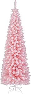 Goplus 6ft Pink Slim Pencil Christmas Tree, Snow Flocked Artificial Unlit Skinny Xmas Full Tree with 460 Branch Tips, Foldable Metal Stand, for Seasonal Home Office Party Carnival Decoration