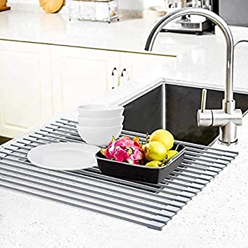 Roll Up Dish Drying Rack, Ohuhu Large Dish Drying Rack, 17.6" L X 15.4" W, Dish Rack Over Sink, Collapsible Multipurpose Silicone Coated Anti-slip Dish Drainer Mat, Dish Drainer Tray, Grey