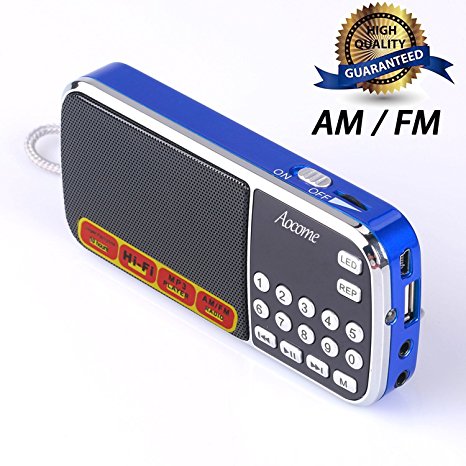 Aocome Portable Mini AM FM Radio Clear Speaker Music Player, Micro SD/TF Card Slot, USB Charging Cord, Rechargeable Li-ion battery, Earphone Jack (BM8 Blue)