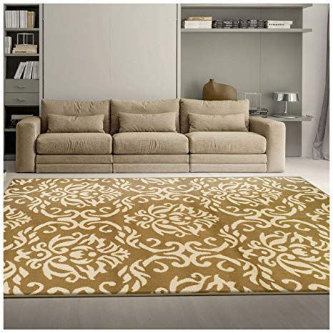 Superior Fleur de Lis Collection Area Rug, Elegant Scrolling Damask Pattern, 10mm Pile Height with Jute Backing, Affordable Contemporary Rugs - Gold, 5' x 8' Rug