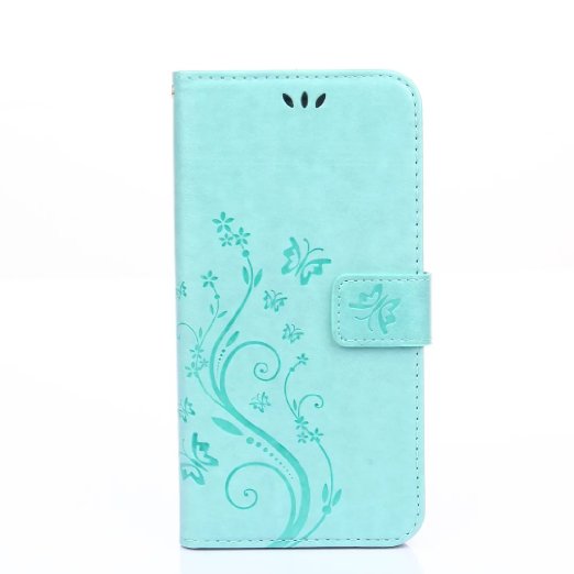 HAOTP(TM) Beauty Luxury Butterfly Fashion Floral Blue PU Flip Stand Credit Card ID Holders Wallet Leather Case Cover for iPhone 6 6S 4.7" (Teal)