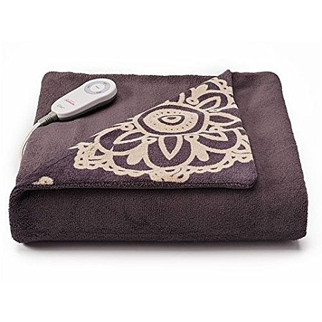 Sunbeam Microplush Comfy Toes Electric Heated Throw Blanket w Foot Pocket Daisy Grey