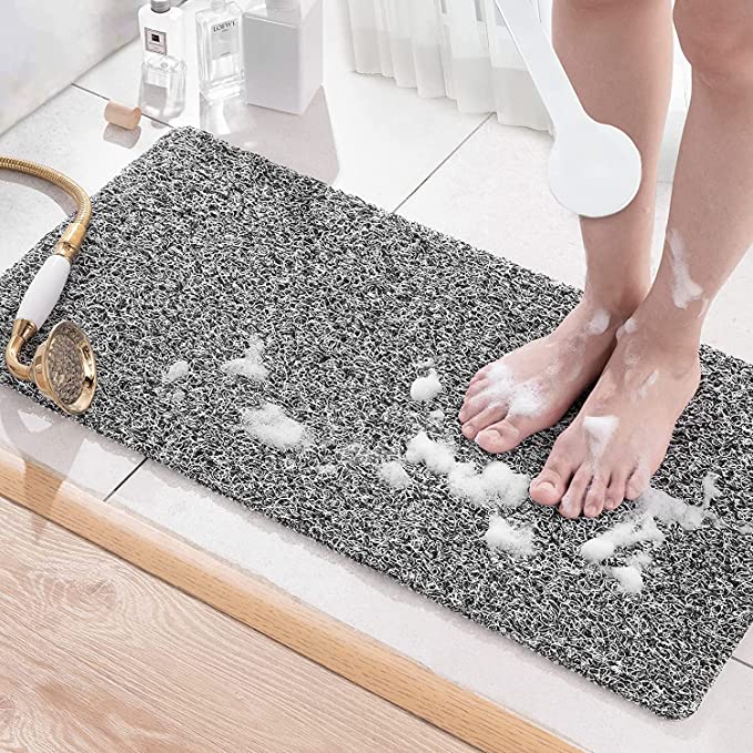 Carvapet Non Slip Shower Mats with Drain Loofah Bath Mats Comfort Textured Bathroom Bathtub Shower Tub Rug(Black White,16"x32")