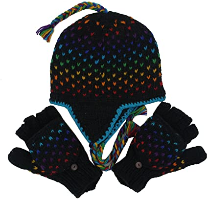 KayJayStyles Nepal Hand Knit Ear Flaps Beanie Ski Wool Hat & Glove Mitten Set