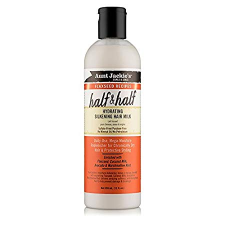 Aunt Jackie's Flaxseed Recipes Half & Half, Hydrating Silkening Hair Milk, For Daily Use, Enriched with Flaxseed, Coconet, Jojoba Oil, Shea Butter, Grapeseed and Ginseng, 12 Ounce Spray Bottle