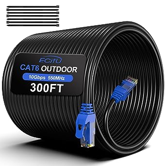 300FT Cat6 Outdoor Ethernet Cable, In-Ground, Heavy Duty Direct Burial, 24AWG CCA Patch Cord, POE, UTP, Waterproof, LLDPE UV Resistant, Network, Internet, LAN, Cat 6 Cable 300 Feet with 25 Cable Ties