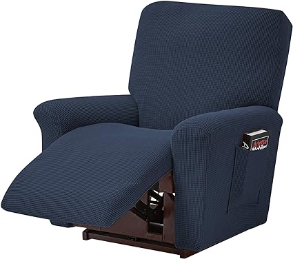 Beacon Pet 4 Pieces Stretch Recliner Slipcovers,Thick Jacquard Reclining Chair Covers Washable Spandex Sofa Couch Cover Anti-Slip Furniture Protector Couch with Elastic Bottom&Side Pocket(Navy Blue)
