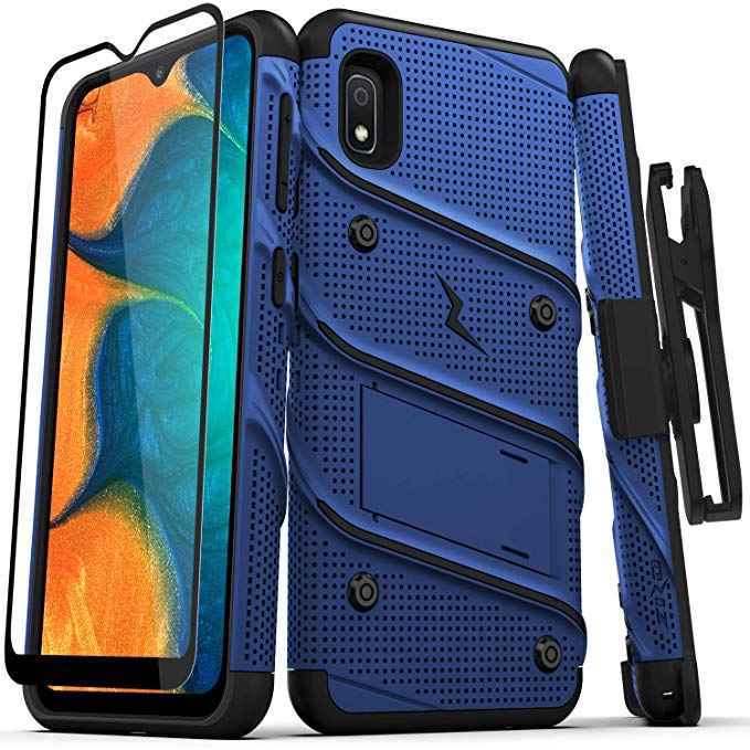 ZIZO Bolt Series Samsung Galaxy A10e Case | Heavy-Duty Military-Grade Drop Protection w/Kickstand Included Belt Clip Holster Tempered Glass Lanyard (Blue/Black)