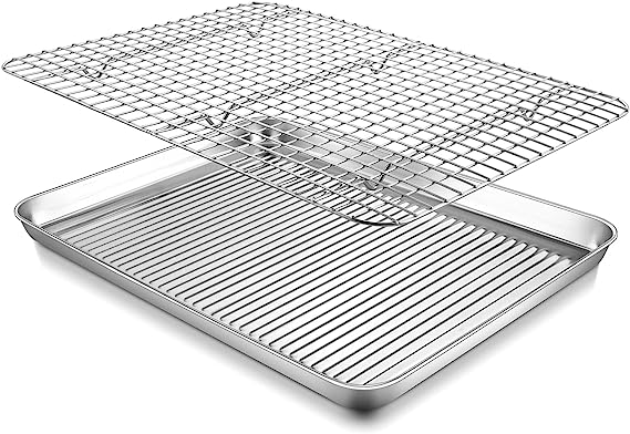 16 Inch Baking Sheet with Rack Set, P&P CHEF Stainless Steel Large Cookie Sheet Pan Tray and Cooling Rack for Oven, Corrugated Bottom & Grid Rack, Dishwasher Safe, 2Pcs (1 Pan  1 Rack)