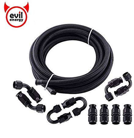 EVIL ENERGY 16Ft 10AN 5/8" Nylon Stainless Steel Braided PTFE E85 Tube Transmission Gas Oil Fuel Line Hose End Fittings Kit Universal (12.95mm ID)