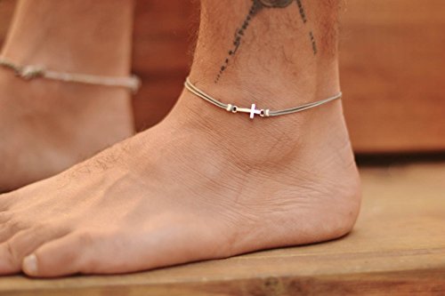 Cross anklet for men, men's anklet with silver cross charm, gray cord, gift for boyfriend, men's ankle bracelet, christian catholic jewelry