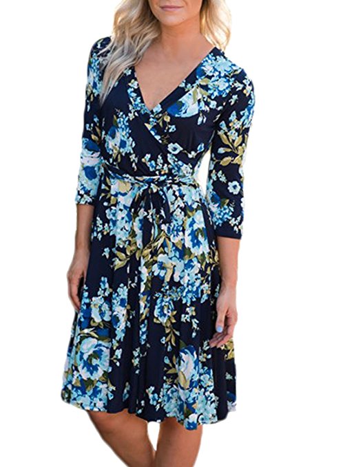 Dokotoo Womens Casual Summer V Neck Floral Print Dress with Belt