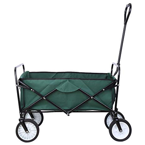 Collapsible Outdoor Utility Wagon, Heavy Duty Folding Garden Portable Hand Cart, with 8" Rubber Wheels and Drink Holder, Suit for Shopping and Park Picnic, Beach Trip and Camping (Green)