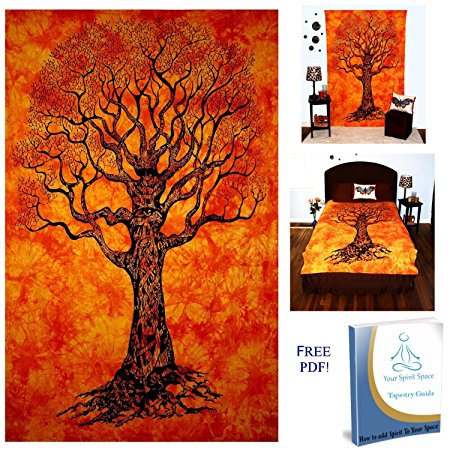 Your Spirit Space (TM) Orange Tree of Life Tapestry- Good Luck. Quality For Home or Dorms Psychedelic Hippie Contemporary Canvas Wall Hanging Art The Ultimate Bohemian Tapestry Decor