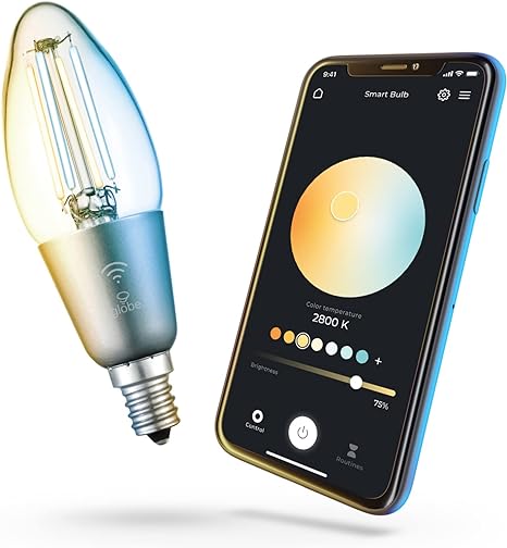 Wi-Fi Smart 4.5W (40W Equivalent) Straight Filament Tunable White Clear LED Light Bulb, No Hub Required, Voice Activated, Energy Star, 2000K - 5000K, Vintage Edison Style, B11 Shape, E12 Candelabra Ba