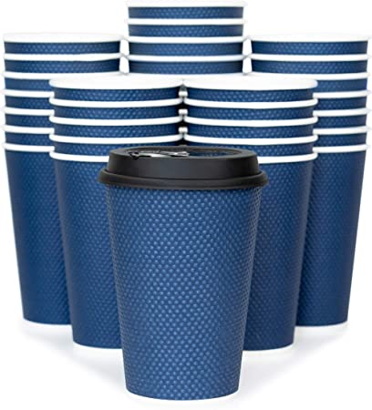 Glowcoast Disposable Coffee Cups With Lids - 12 oz Togo Coffee Cup With Lid (90 Set). To go Travel Paper Hot Cups Insulated For Hot and Cold Beverage Drinks, No Sleeves Needed (Midnight Blue)