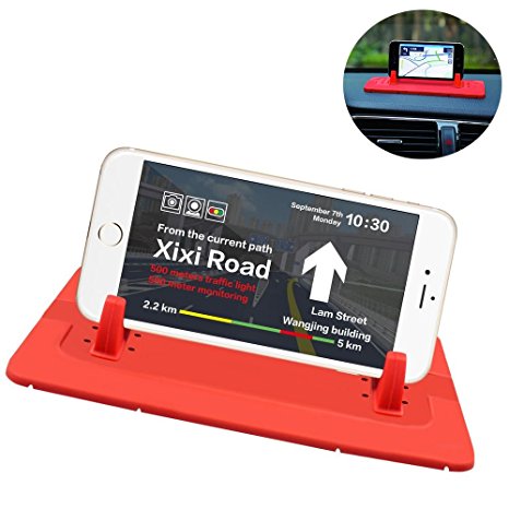 EReach Car Mount Holder, New Silicone Pad Non-Slip Dash Mat Cell Phone Car Holder Cradle Dock for Samsung S7/S6, iPhone 4S/5/5S/6/6S plus All Different Size Smart Phones and GPS Holder (Red)