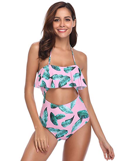 MarinaVida Halter Ruffle One Piece Bathing Suit Cutout High Waist Swimsuits for Women