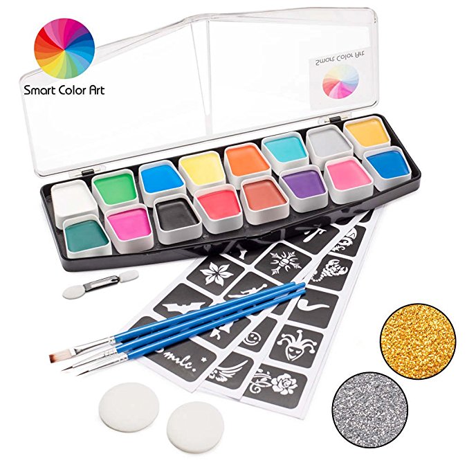 Face paint kit,16 Colors Set with 2 Glitters 40 Stencils 2 Sponges 3 Brushes by Smart Color Art, Non-Toxic Professional Face Body Paint Easy to Apply & Remove,Perfect for Kids Adults Face Painting