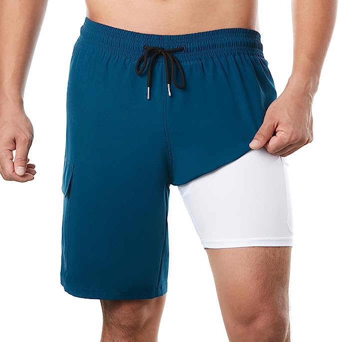 BRISIRA Mens Swim Trunks Swim Shorts with Compression Liner 9 inch Inseam Quick Dry Cargo Pocket Swimsuit Bathing Suits