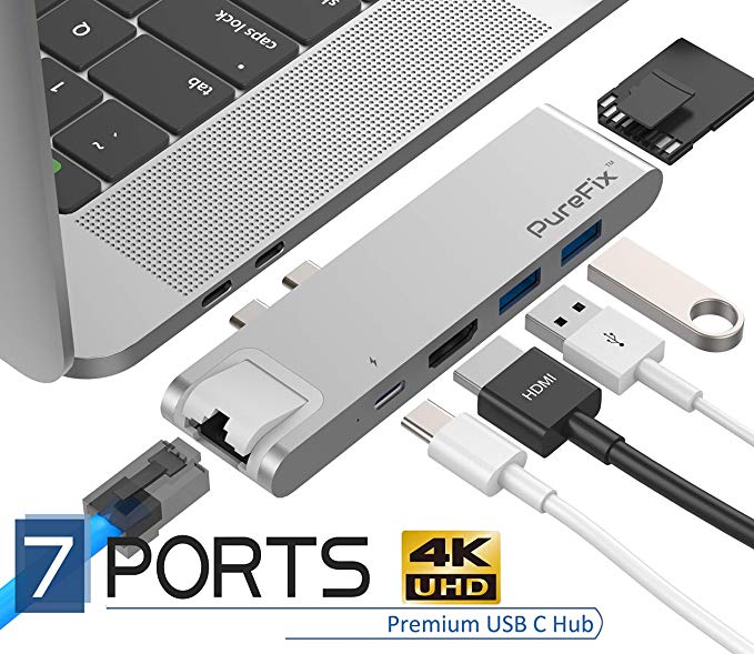 USB C Hub, Best 7-in-1 Dual Type-C Docking Station Adapter for MacBook Pro 2016/2017/2018 13" 15" Air 18: Gigabit Ethernet, Power Delivery, Thunderbolt 3, 4K HDMI, MicroSD/SD Card Reader (Silver)