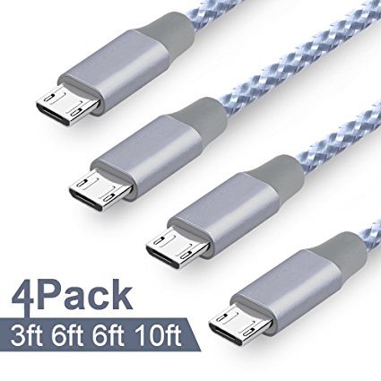 AOFU Micro USB Cable,4Pack 3FT 6FT 6FT 10FT Long Nylon Braided High Speed 2.0 USB to Micro-USB Charging Cables Android Fast Charger Cord for Samsung Galaxy S7 Edge/S6/S4, Note 5/4,(Gray White)