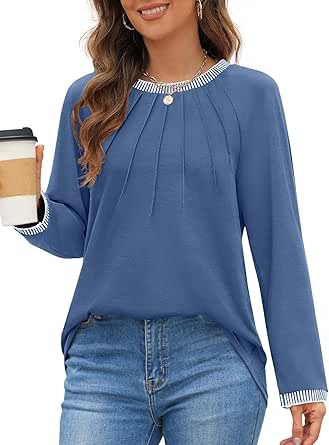 MEROKEETY Women's 2024 Fall Long Sleeve Tops Pleated Crew Neck Color Block Casual Loose Tee Shirts