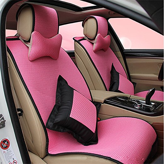 Amooca Airbag Compatible Universal Full Set Silk Ice Front Rear Car Seat Cushion Cover Pink 10pcs