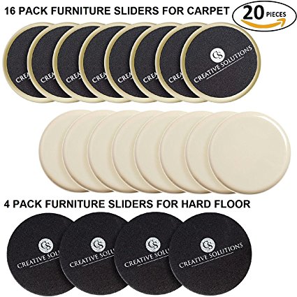 Creative Solutions Reusable Furniture Moving Sliders (20 Piece) 16-Pack for Carpeted and 4-Pack for Hard Floor Surfaces 3½-inch Diameter