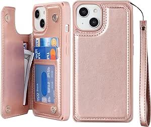 iCoverCase for iPhone 14 Case with Card Holder, iPhone 14 Wallet Case for Women with Wrist Strap [RFID Blocking] Embossed Leather Shockproof Phone Case for iPhone 14 6.1 Inch (Macaron Rose Gold)