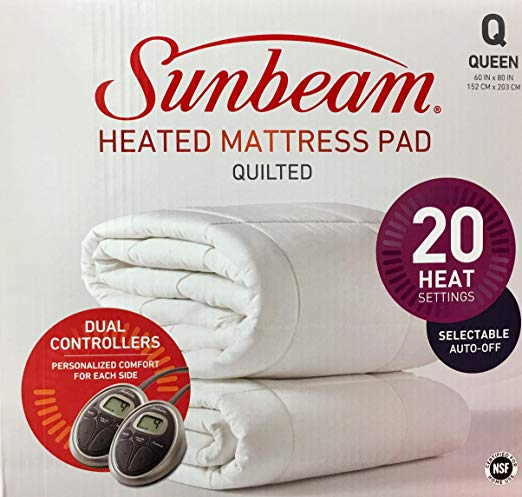 Sunbeam- All Season Premium Queen Heated Mattress Pad With Two Heating Digital Controllers - 250 Thread Count 100 Cotton