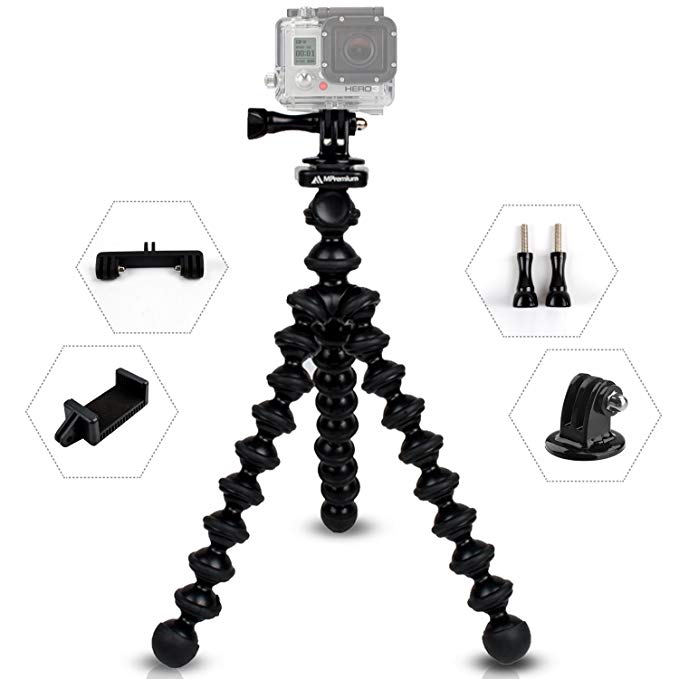 MiPremium Flexible Tripod Stand Kit with (Tripods Adapter, Dual Mount, Smartphone Clip), Bendy Tripod for GoPro Hero Session Black Silver, Smartphones & Action Sports Cameras (Tripod)