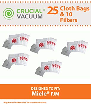 25 Miele Type FJM Premium Allergen Filtration Canister Vacuum Cleaner Bags   5 Motor Filters, and 5 Exhaust Air Clean Filters, Designed By Crucial Vacuum
