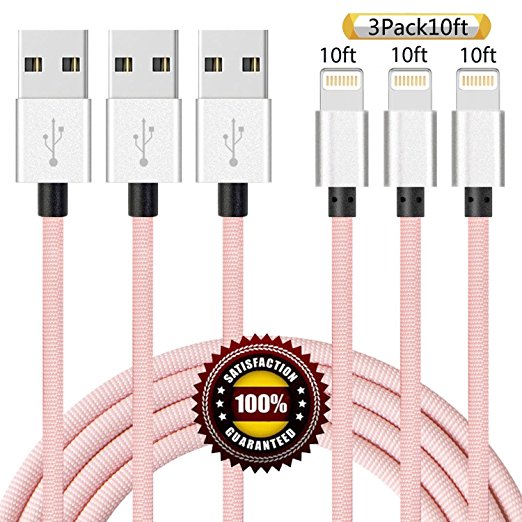BULESK iPhone Cable 3Pack 10FT Nylon Braided Certified Lightning to USB iPhone Charger Cord for iPhone 7 Plus 6S 6 SE 5S 5C 5, iPad 2 3 4 Mini Air Pro, iPod Nano 7- (Pink)