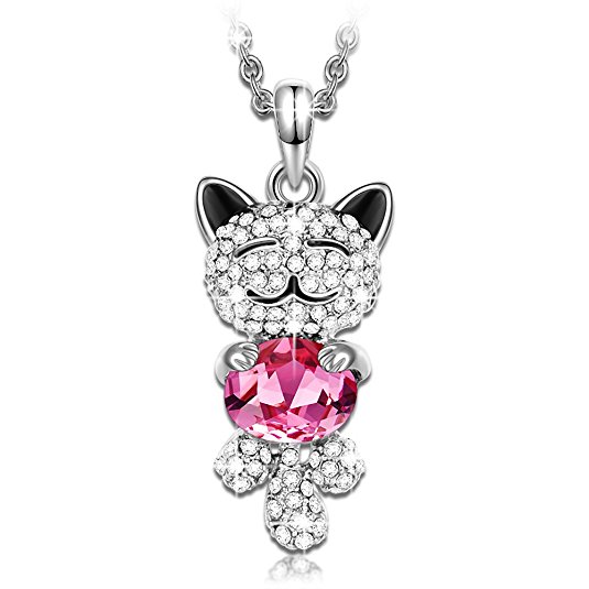 J.NINA "Lucky Cat" Cute Animal Design Women Jewelry, Made with Pink Swarovski Crystals Women Girl Pendant Necklace