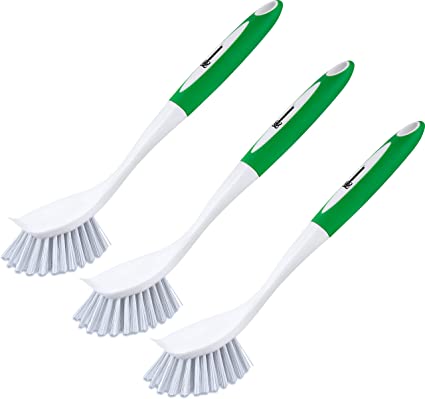 SPOGEARS Dish Cleaning Brush 3 Pack, Kitchen Scrub Brush Sink, Bathroom Brushes, with Scraper, Comfortable Grip Long handle Dish Brush for Pots Pan