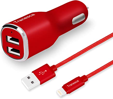 Tranesca Compatible Dual USB Car Charger with 6ft Charging Cable Compatible with iPhone Xs/XR/X/iPhone 8/Plus, iPhone7/ 7 Plus, iPhone 6/6 Plus/6s iPhone 5/5s/5c/ iPad/Air/Pro and More (Red)