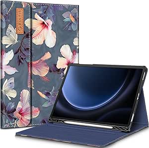 Fintie Case for Samsung Galaxy Tab S9 FE 10.9 Inch/Galaxy Tab S9 11 Inch 2023 with Built-in S Pen Holder, Multiple Angle Portfolio Business Cover with Pocket Auto Sleep/Wake, Blooming Hibiscus