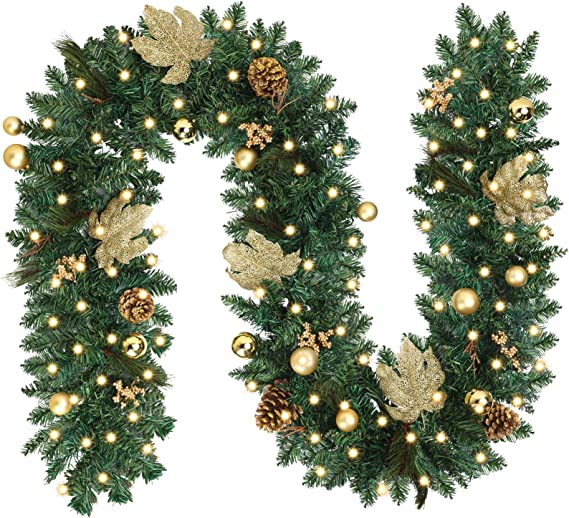 JPSOR 9ft Christmas Garland with LED Lights, Battery Operated Gold Christmas Garland for Christmas Party Decoration Indoor Outdoor, Pre-Lit Artificial Garland Greenery for Xmas Decor Winter Holiday