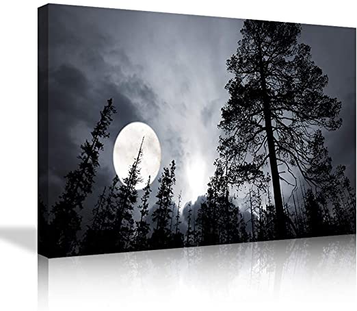 Nature Landscape Moon Canvas Wall Art Full Moon in the Forest Painting Prints Artworks Moonlight Home Decor for Bedroom Framed Ready to Hang