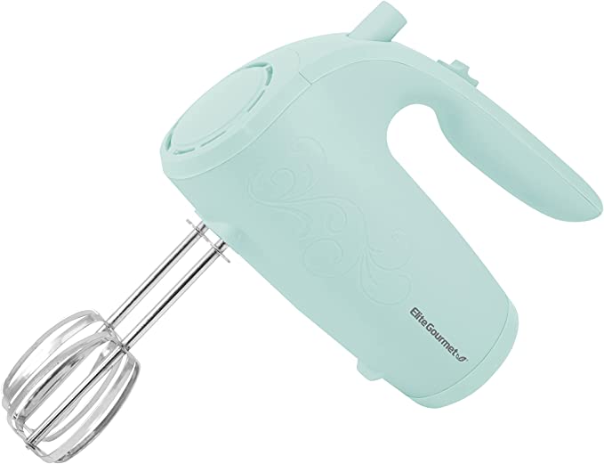 Elite Gourmet EHM003M Ultra Power Electric 5-Speed Kitchen Hand Mixer with 2 Extra Wide Stainless Steel Smooth Creamy Whipped Mixtures Plus Convenient, Beater Storage, Mint Blue