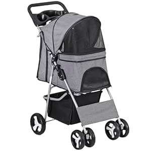 ZENY Foldable Pet Stroller, Cat/Dog Stroller with 4 Wheel, Pet Travel Carrier Strolling Cart with Storage Basket, Cup Holder (Grey)