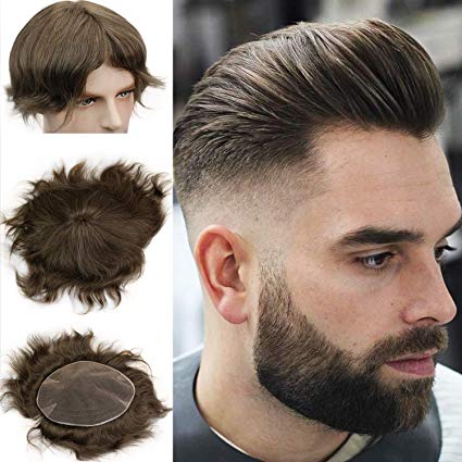 Rossy&Nancy Swiss Full Lace Men’s Toupee European Real Human Hair Replacement for Men Hairpiece #7 Brown Color